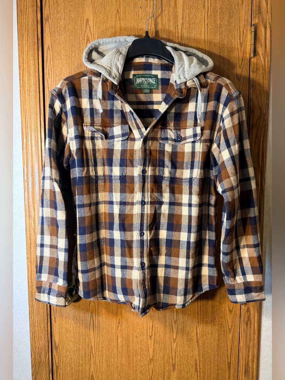 American Eagle Outfitters Brown, Blue & White Plaid Hooded Button-Down Flannel - Picture 2 of 6